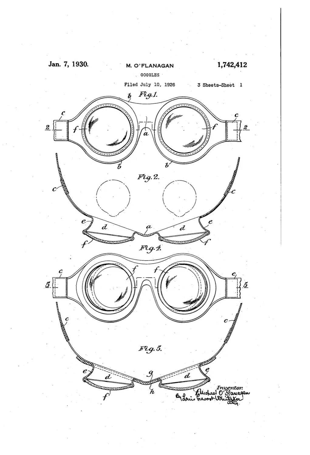 Primeira folha da patente: quatro figuras de um par de óculos de lentes redondas com a máscara macia, vistos de cima e em secção, com as letras de referência e a assinatura do inventor no rodapé
