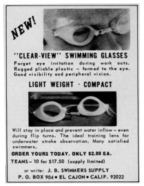 Black and white advertisement: «NEW! "CLEAR-VIEW" SWIMMING GLASSES», with two photographs of separate-lens goggles and the price of two dollars each