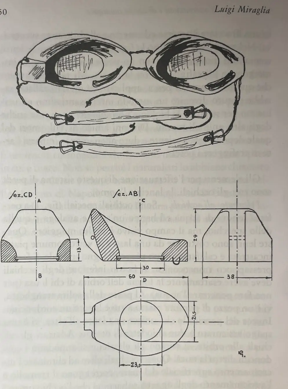 Página 50 do livro de Miraglia: o desenho à mão de um par de óculos com duas correias e, por baixo, as secções técnicas de um óculo de madeira cotadas em milímetros