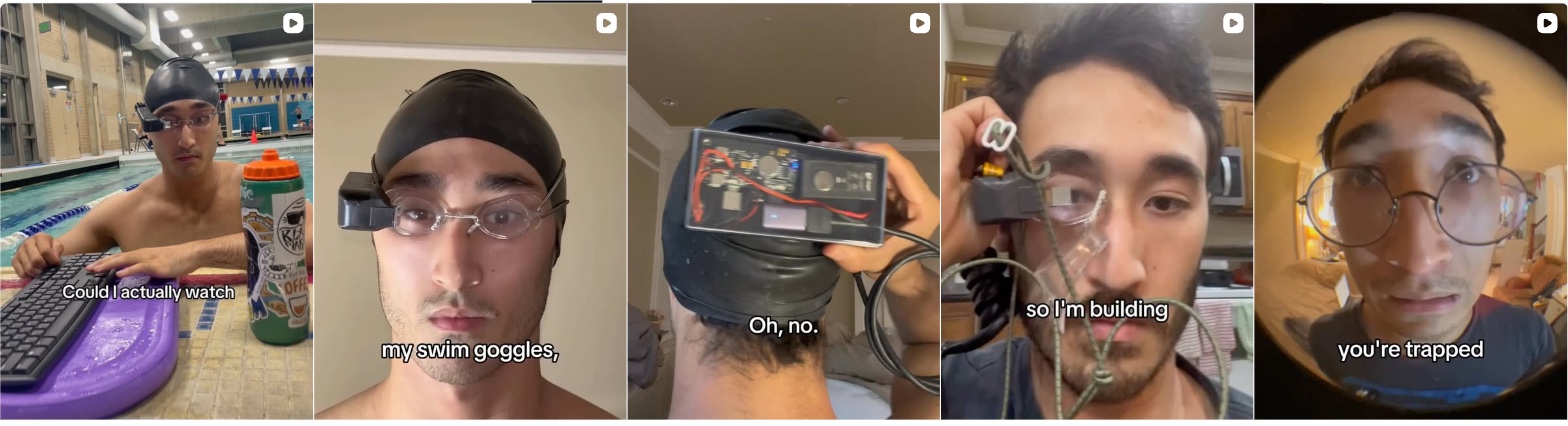 The five videos of the @sammyjbuilds profile in a row: him in the pool with a keyboard on the edge, an electronic module mounted on a pair of Swedish goggles, the back of a cap with the board visible and cables, and the round lenses of a swimming mask in which a screen is reflected