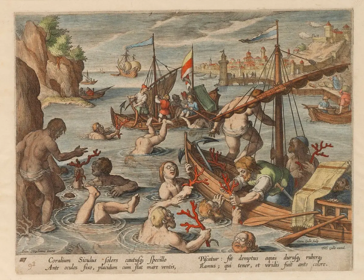 A chapa completa da gravura de 1596: dois barcos, os mergulhadores na água com os óculos e os ramos de coral acabados de arrancar