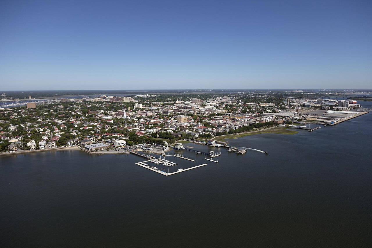 Aerial view of Charleston, South Carolina Harbor, May 2017